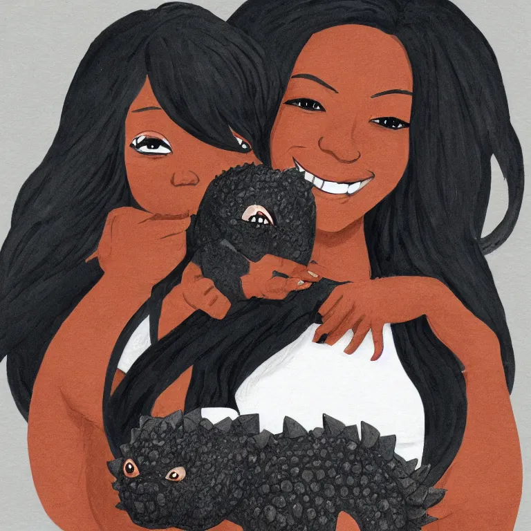 Prompt: Portrait of a dark skinned woman holding pet chibi Godzilla, Art Station