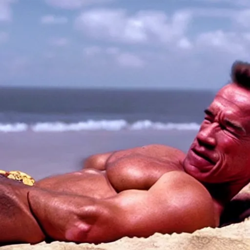 Image similar to arnold schwarzenegger falling asleep in a bungalow on the beach, cinematic shot
