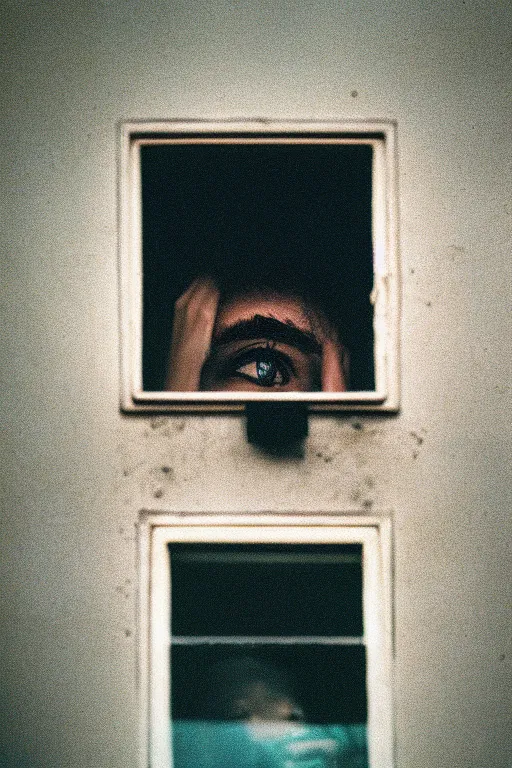 Image similar to kodak portra 4 0 0 photograph of a person looking out through their window, eyes, beautiful eyes, stunning eyes, close up, telephoto, faded effect, grain,