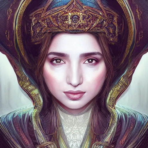 Image similar to head-on symmetrical centered painted portrait, Mahira Khan as a D&D wizard, medieval robes, fantasy, intricate, elegant, highly detailed, digital painting, smooth, sharp focus, illustration, artstation, in the style of Artgerm and Anna Podedworna and Alex Ross