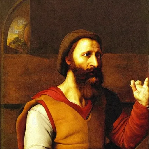 Image similar to a weary bearded traveler sits in the back of a lecture hall listening intently, detailed and realistic oil painting by Raphael