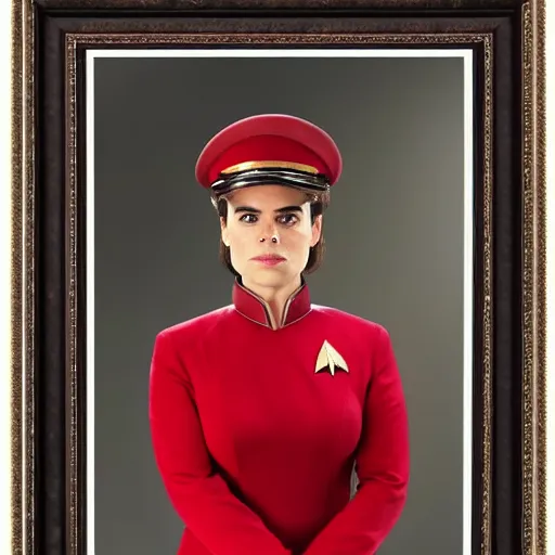 Image similar to a beautiful full body photograph of younger hayley atwell as a star fleet officer from star trek next generation, full dress uniform, symmetrical face, extreme realism and detail, 8 k, completely framed, direct lighting, 3 5 mm photo, photorealistic, sharp focus