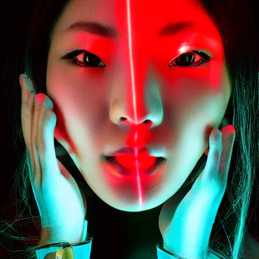Image similar to beautiful japanese model with led projection skin, neon lighting, portrait photo
