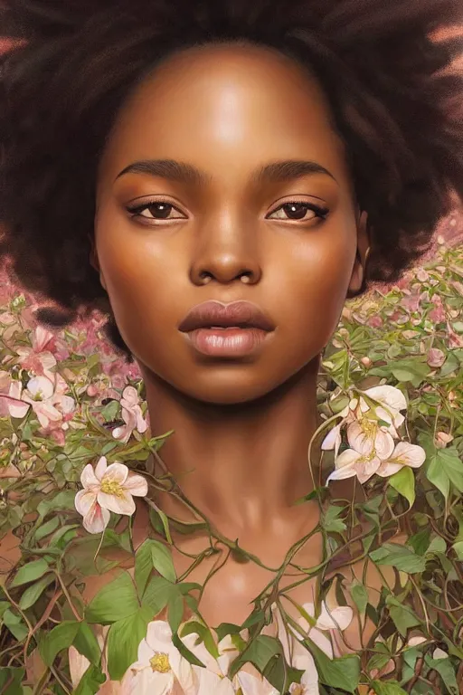 Image similar to ultra realistic illustration, black american girl with flowers blossoming from her afro, body covered in leaves, beautiful, elegant, highly detailed, digital painting, concept art, smooth, sharp focus, illustration, art by artgerm and greg rutkowski and alphonse mucha