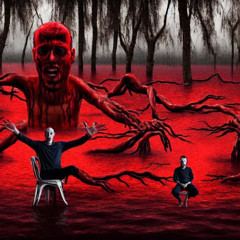 Image similar to a portrait of a man with five heads, twelve arms, sitting on chair made of human limbs, the chair is floating in a lake of blood, around the lake are melting trees, digital art, hyperrealistic nightmare scene, supernatural, highly detailed, creepy, terrifying