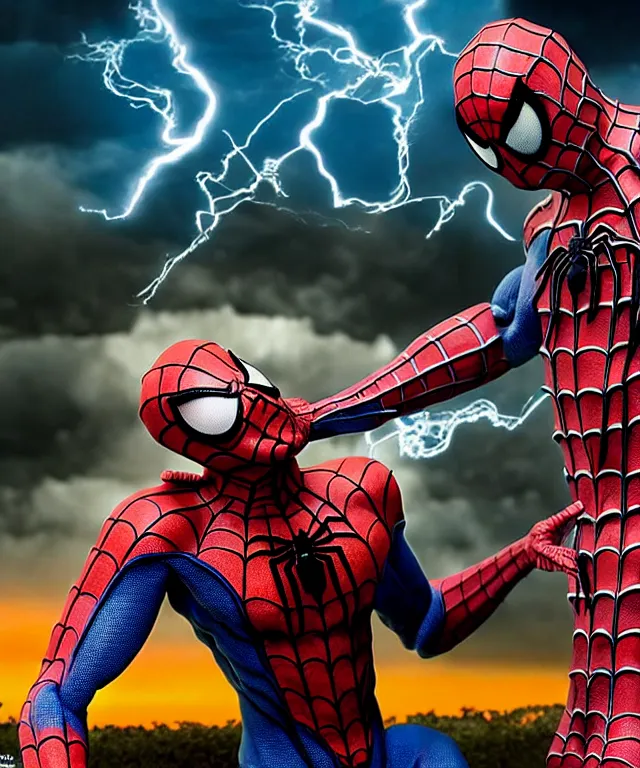 Image similar to hyperrealistic rendering, epic boss battle, cronenberg flesh monster spider man, by art of skinner and richard corben, product photography, collectible action figure, sofubi, hottoys, storm clouds, outside, lightning
