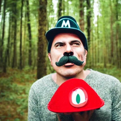 Prompt: italian man with a mustache dressed as mario wearing a solid red mario hat crying tears of joy hugging a fly agaric, in a forest, photography