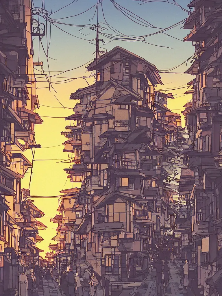 Prompt: a digital art of a close up view of a japanese street of low houses, pedestrians, sunset, beautiful sky and clouds, by laurie greasley, artstation, studio ghibli color scheme