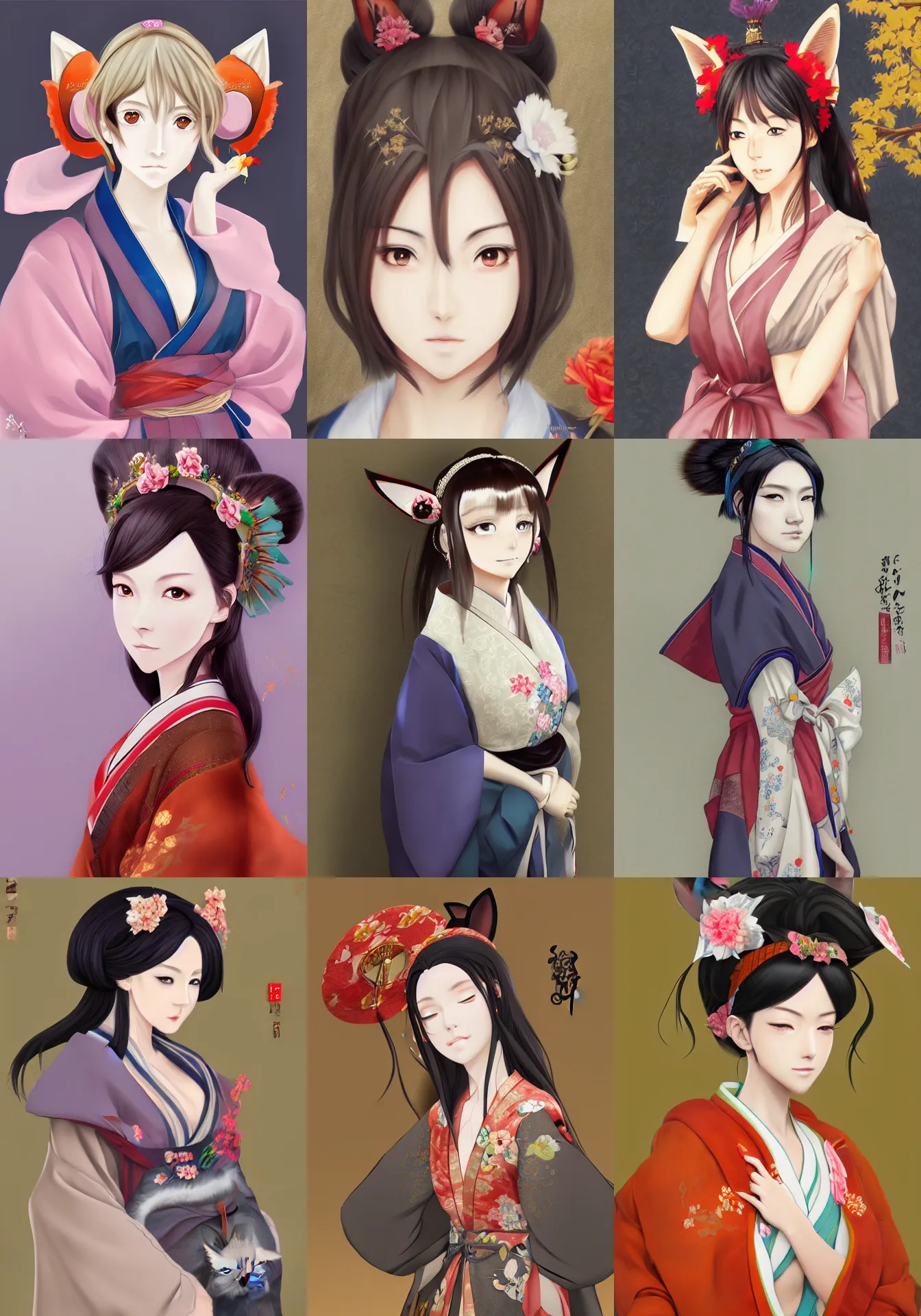 Prompt: A realistic anime portrait of a shapely noblewoman with fox ears wearing a kimono, digital painting, by Dao Trong Le, digtial painting, trending on ArtStation, deviantart, SFW version