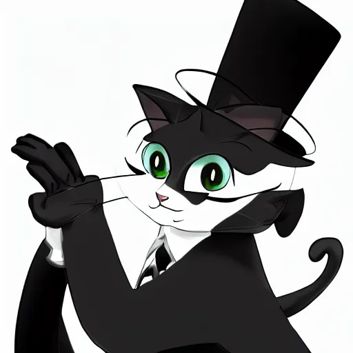 Prompt: a black and white cat wearing a top hat | vector art by hanns katz, character portrait by puru, furry art, deviantart contest winner | purism, concept art, flat shading, vanitas, ( ( bright green eyes shining in the dark ) ), ( ( ( full body shot ) ) ), smooth shading