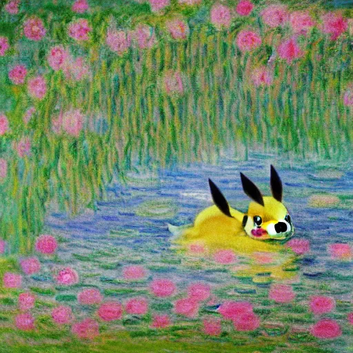 Prompt: pikachu laying relaxed near a lake surrounded by flowers, claude monet style, cloudy weather