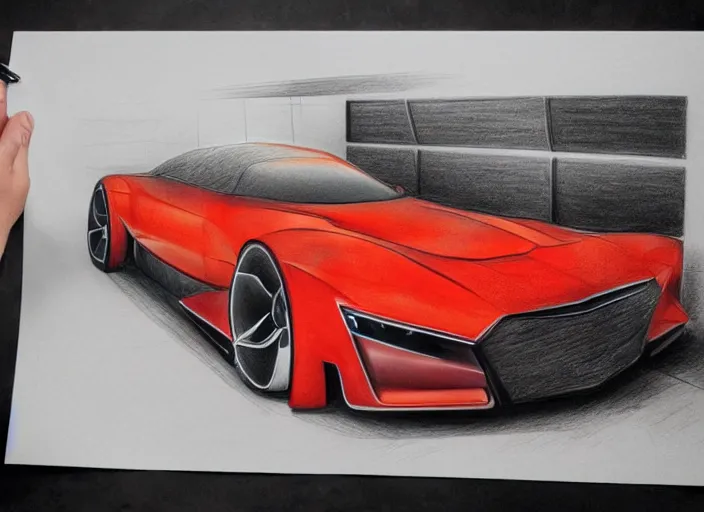 Image similar to concept non - coloring pencil drawing of a new car combined by two different genres.