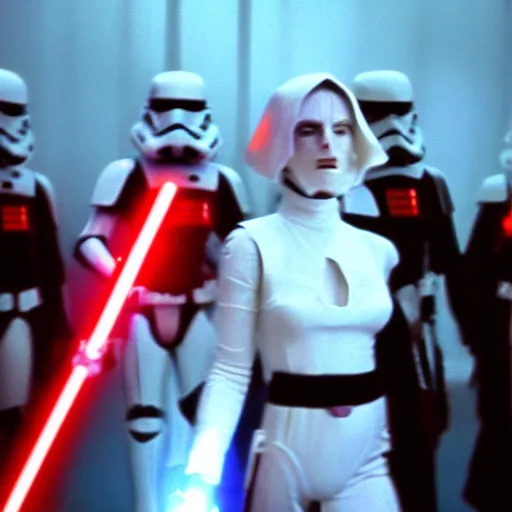 Prompt: a screenshot of a female sith lord in white approaches with a lightsaber, surrounded by dark troopers, red environment, from the 1979 film directed by Stanley Kubrick, shot on anamorphic lenses, cinematography, 70mm film, lens flare, kodak color film stock, ektachrome