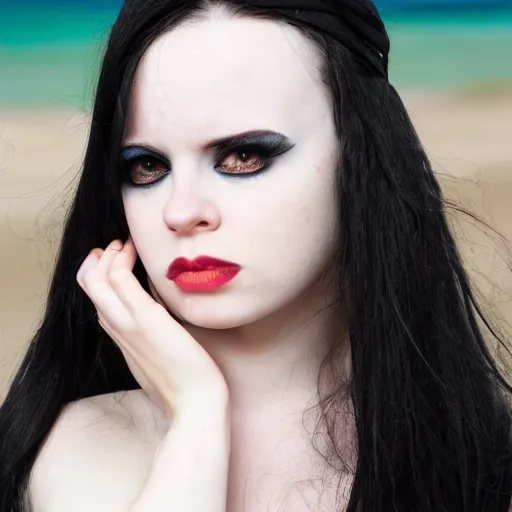 Image similar to pale goth girl with black hair annoyed on the beach