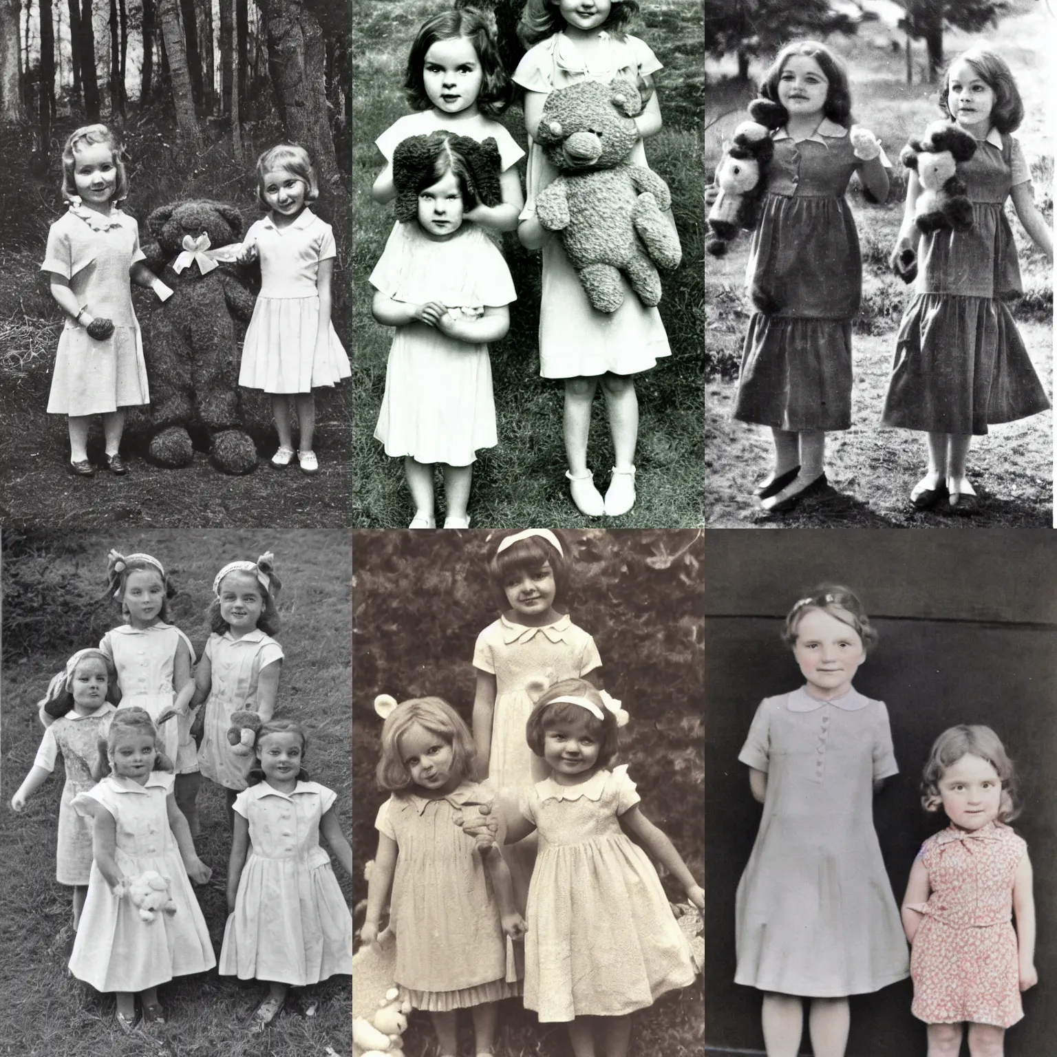 Prompt: 1960s 1940s 1950s by Irene and Laurette Patten flickr american barbizon school two little girls standing next to each other holding teddy bears a colorized photo