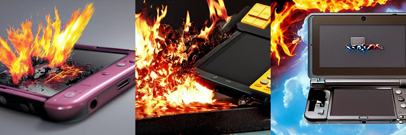 Prompt: A Nintendo DS catching fire, molten plastic, chaos