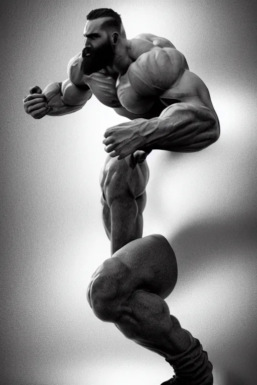 Image similar to a very muscular man with big beard wearing jeans, seductive pose, hyperrealistic, concept art, octane render, unreal engine 5, trending on artstation, high quality, highly detailed, stylish, elegant, path traced, black and white, realistic and detailed face, anatomically correct, five fingers, cinematic, high coherence, dramatic lighting, 8 k