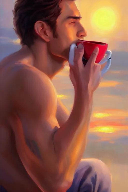 Image similar to attractive man drinking coffee, sunset, painting by vladimir volegov, ross tran, tom of finland, trending on artstation