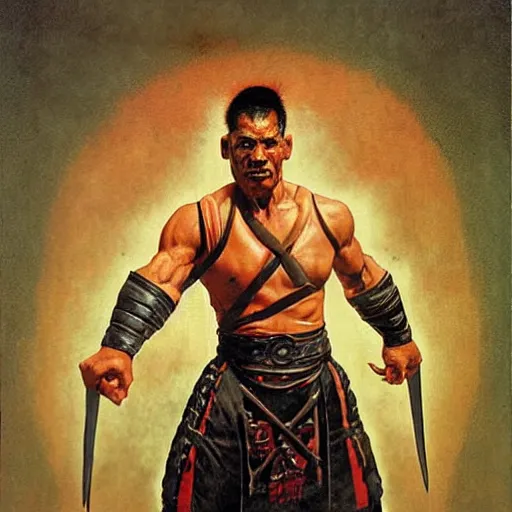 Image similar to frontal portrait of mortal Kombat warrior, by Norman rockwell