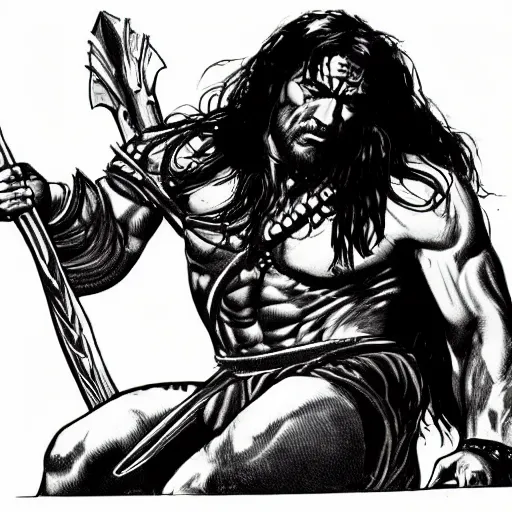 Prompt: a detailed illustration of conan the barbarian kneeling before an oriental idol marvel comics art style