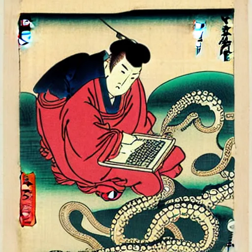 Image similar to an octopus teaching a man to use a computer, ukiyo-e by Utagawa Kuniyoshi