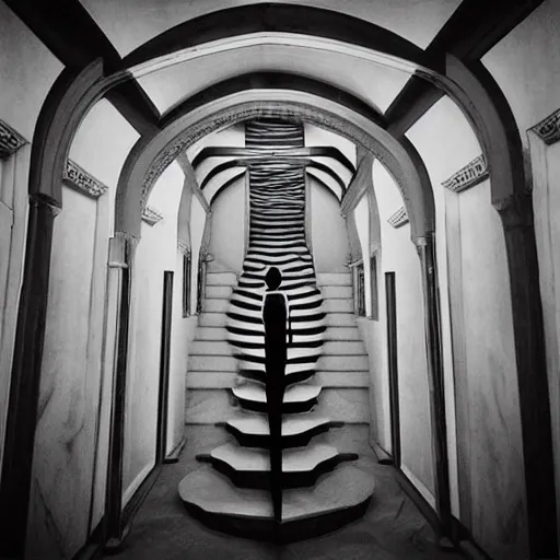 Image similar to “a disorienting white hallway and staircase with many doors, marble material, confusion, creepy, dimensions, MC Escher architecture, by Junji Ito”