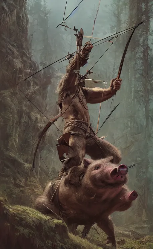 Prompt: portait of a pig archer shooting arrow at forest monster, front game card, drark, marvel comics, dark, intricate, highly detailed, smooth, artstation, digital illustration by ruan jia and mandy jurgens and artgerm and wayne barlowe and greg rutkowski and zdislav beksinski