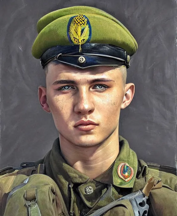 Image similar to portrait of a handsome young ukrainian soldier in kyiv, art by denys tsiperko and bogdan rezunenko, hyperrealism