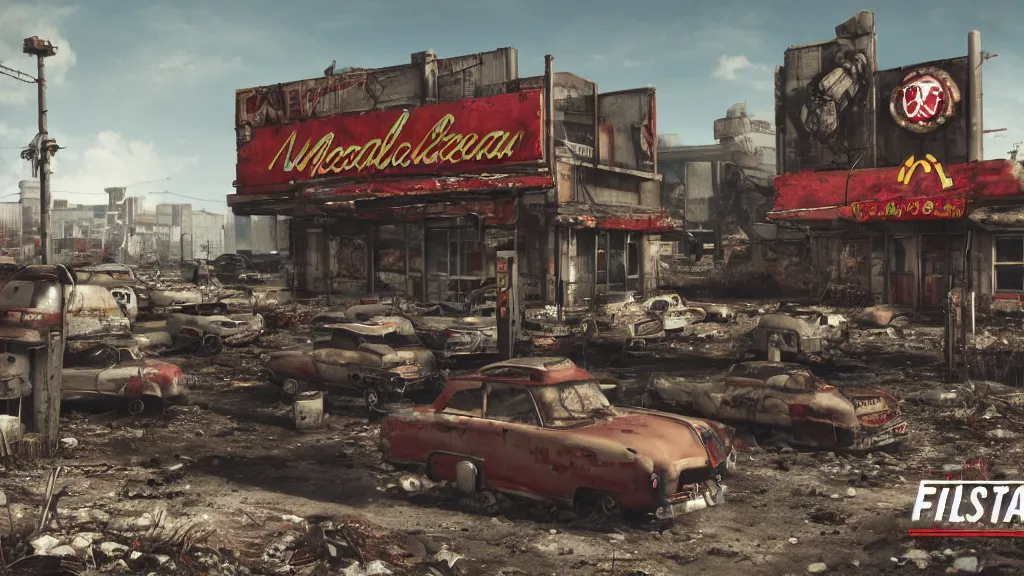 Image similar to post apocalyptic McDonald's, fallout, octane render, 4k