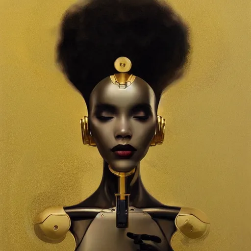 Image similar to a beautiful female robot, elegant pose, afro, gold wax melting, by Anato Finnstark, Tom Bagshaw, Brom