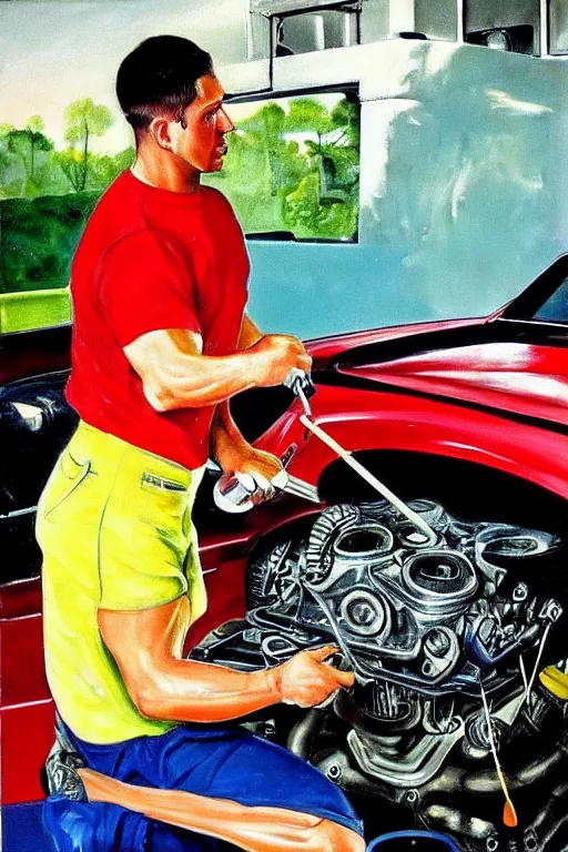 Image similar to muscular mechanic fixing a car engine painting by arnold armitage, cool colors,