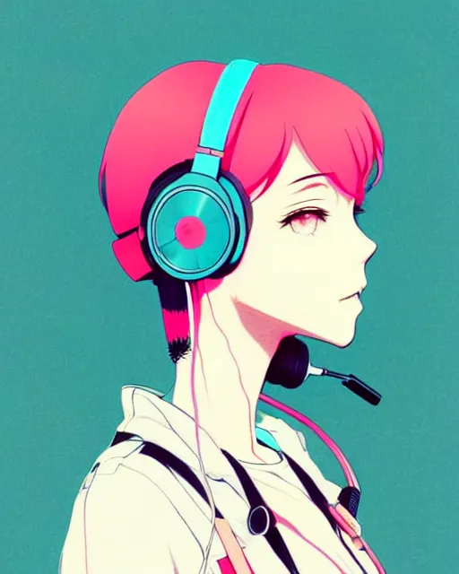 Prompt: girl wearing headphones, city background, very anime!!! anime!! intricate details, pleasing pastel colors, poster background, art by conrad roset and ilya kuvshinov