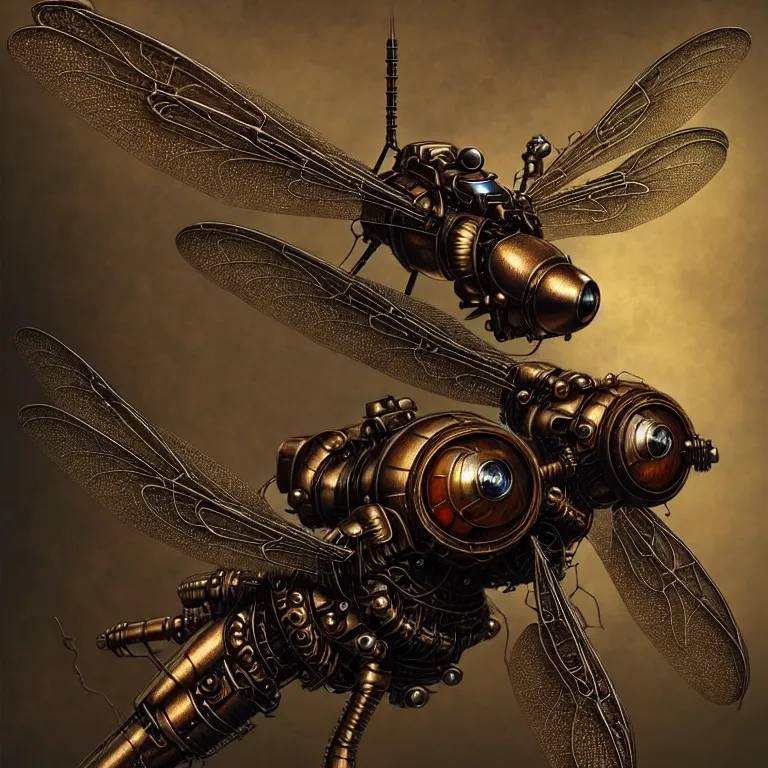 Prompt: steampunk robot dragonflies, unreal engine realistic render, 8 k, micro detail, intricate, elegant, highly detailed, centered, digital painting, artstation, smooth, sharp focus, illustration, artgerm, tomasz alen kopera, wlop