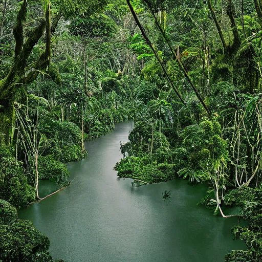 Image similar to magical trees and the amazon river in the amazon rainforest by anderson debernardi and pablo amaringo