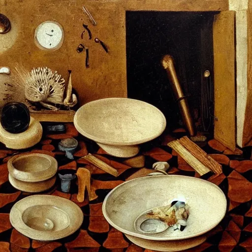 Prompt: famous painting of a hedgehog on a table in a ceramic workshop, surrounded by ceramicists tools and unfinished bowls, oil painting, northern renaissance art, oil on canvas, wet - on - wet technique, realistic, intricate textures, illusionistic detail
