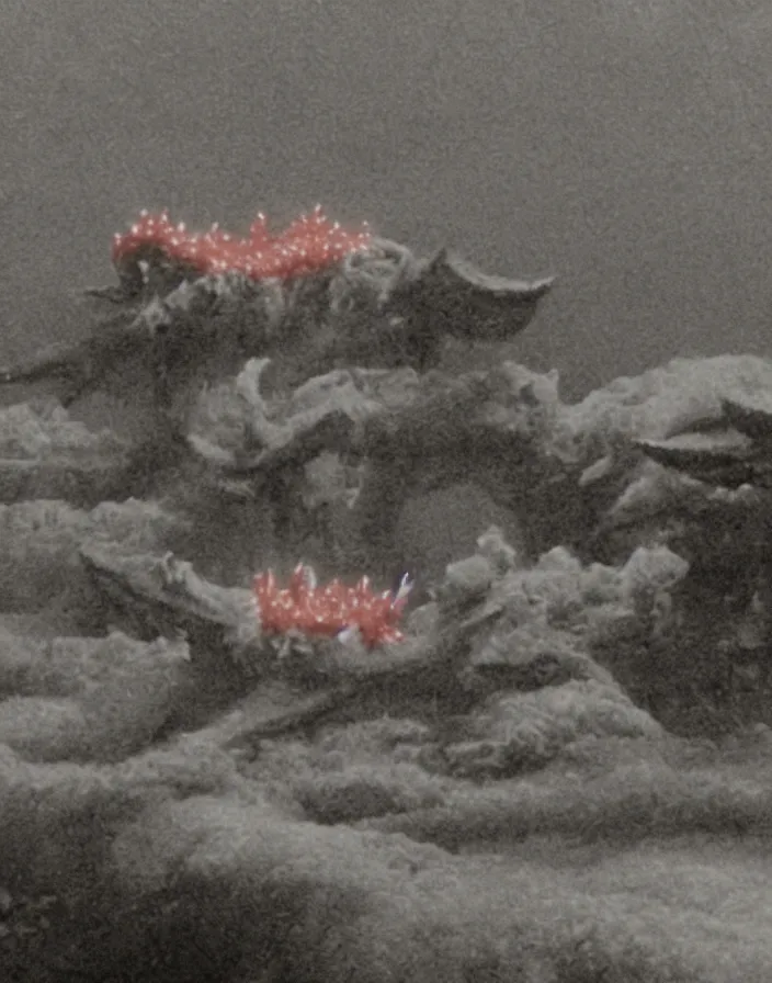 Image similar to a filmstill of a north korean monster movie, kaiju - eiga monster starfish - like trampling a traditional korean palace, foggy, film noir, video compression