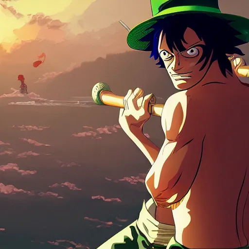 Prompt: Thomas Jane, an illustration of Monkey D. Luffy and Roronoa Zoro in Wano, art by Ilya Kuvshinov, highly detailed, anime key visiual, epic landscape, HD digital art, artstation