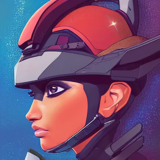 Image similar to a portrait of a stunning beautiful elite kim kardashian gundam pilot, with an intricate, detailed, urban inspired hiphop afro futuristic helmet, vector behance hd jesper ejsing, rhads, makoto shinkai, lois van baarle, ilya kuvshinov, rossdraws, hd, 3 2 k, ilya kuvshinov, gustav klimt