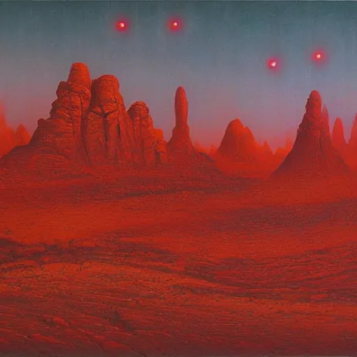 Prompt: only red colour, alien landscape filled with lithups, filigree ornaments, wadi rum, jordan, volumetric lights, beksinski