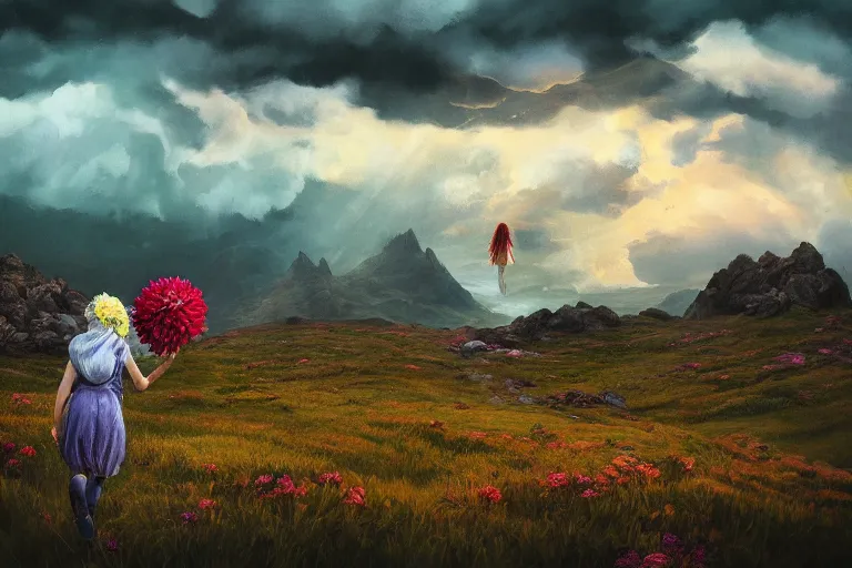 Prompt: giant dahlia flower head, girl walking on mountain, surreal photography, storm clouds, dramatic light, impressionist painting, digital painting, artstation, simon stalenhag