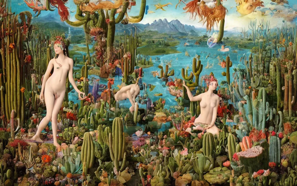 Image similar to a portrait photograph of a meditating mermaid shaman and a centaur prince feeding tropical animals at a wide river delta. surrounded by bulbous flowers, animals, trees and cacti. mountain range under a vast blue sky of burning stars. painted by jan van eyck, max ernst, ernst haeckel and artgerm, cgsociety, artstation, fashion editorial