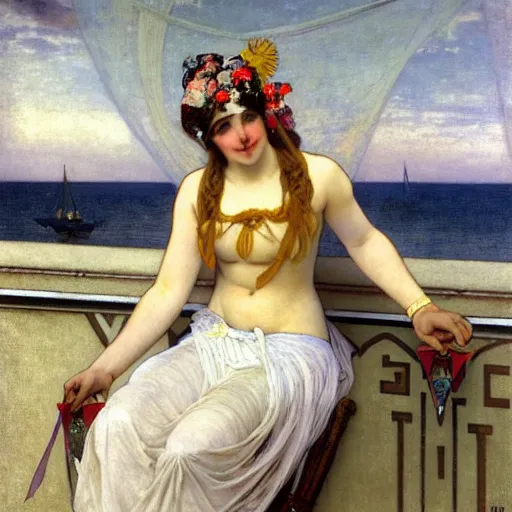 Prompt: A girl with jester hat and clothes on a greek archi circle on the front of a Balustrade with a beach and a sail boat on the background, major arcana cards, by alphonse mucha and arnold böcklin arnold böcklin arnold böcklin, paul delaroche, hyperrealistic 8k, very detailed