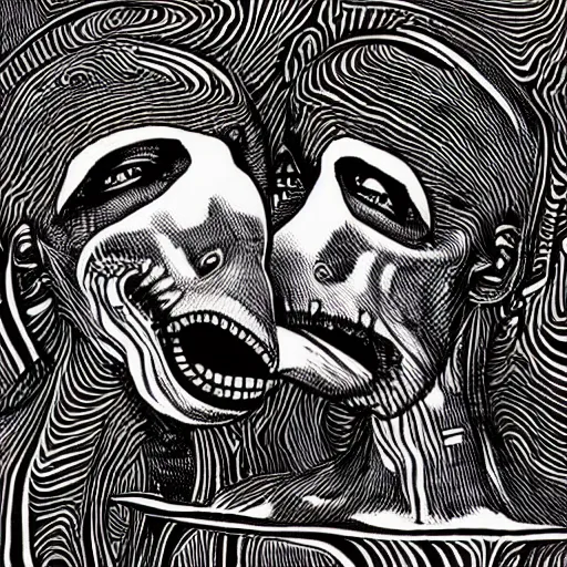 Image similar to two eldritch women abominations of unimaginable horror kissing each other by h. r. giger and junji ito, speculative evolution, op art with big bold patterns