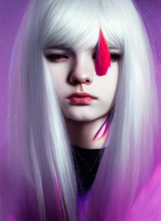 Image similar to hair whitebangs hair, black hair, whitebangs, portrait of teenage girl with white bangs, red irises, purple clothes, white bangs, bangs are different color from hair, intricate, elegant, glowing lights, highly detailed, digital painting, artstation, concept art, smooth, sharp focus, illustration, art by wlop, mars ravelo and greg rutkowski