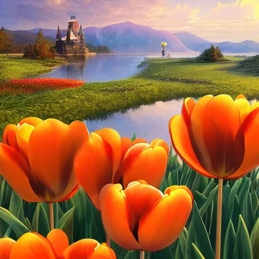Image similar to orange Tulip with a lake view, intricate, highly detailed, digital painting, artstation, concept art, smooth, sharp focus, illustration, Unreal Engine 5, 8K, art by artgerm and greg rutkowski and alphonse mucha
