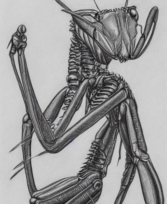 Image similar to a pencil drawing portrait of a cyborg praying mantis facing the camera