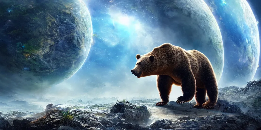 Image similar to Earth being destroyed by a planet sized bear, realistic 4k octane beautifully detailed render, 4k post-processing, highly detailed, intricate complexity, epic composition, magical atmosphere, cinematic lighting, masterpiece, ultra hd