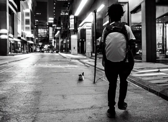 Image similar to photography of a Cat carrying a backpack . in a cyberpunk street. award winning photo, led lighting, night, 24mm, sharp, high res