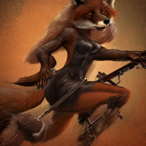 Image similar to a beautiful, dynamic illustration of an anthropomorphic fox - woman running and gunning with a winchester rifle, wild west theme, focal depth, highly detailed digital art, trending on artstation, 8 k,