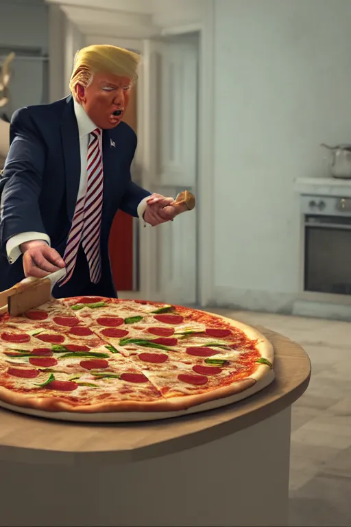 Image similar to trump making a pizza, long shot, cinematography by wes anderson, 4 k octane render, intricate detail, photorealistic, cinematic lighting, artstation